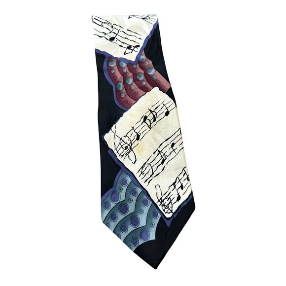 Vintage Deco Mode Upbeat Necktie Music Themed Silk Tie Black Abstract Notes - Picture 1 of 8
